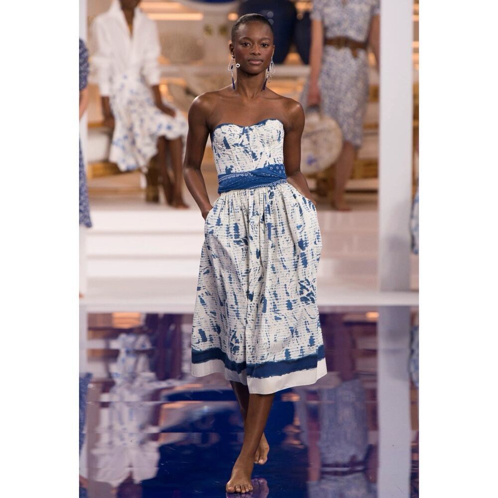 Ralph Lauren Collection Cotton Strapless Midi Dress Runway Fit Flare 10 M Blue - Picture 14 of 16
